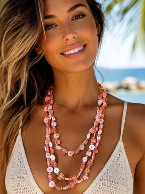 Pink Mother of Pearl & Natural Wood Bead Necklace